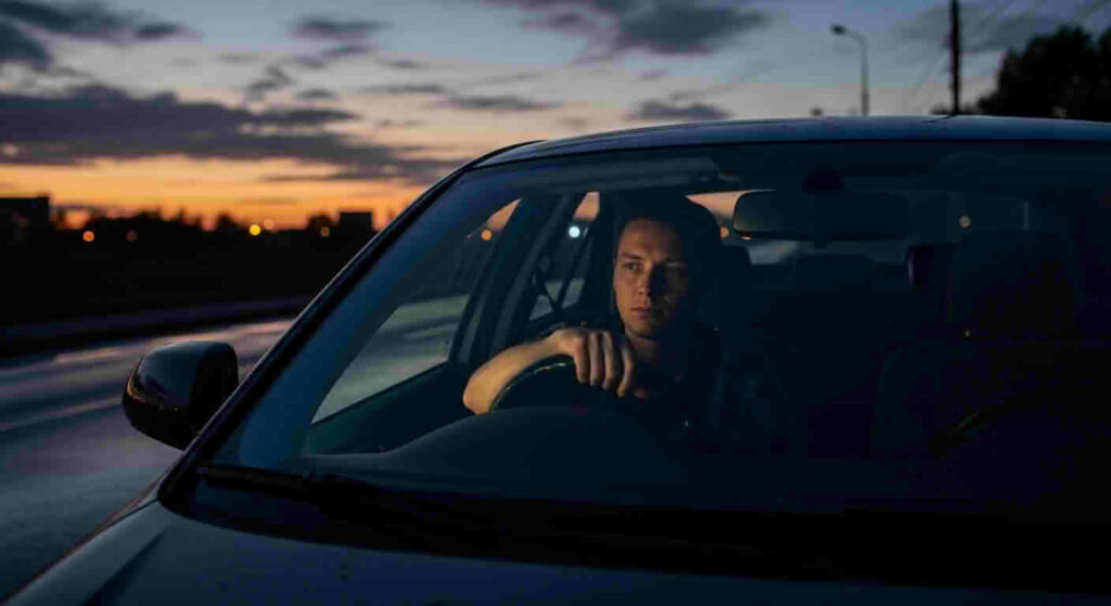 Person experiencing grief in waves alone in car after unexpected emotional trigger