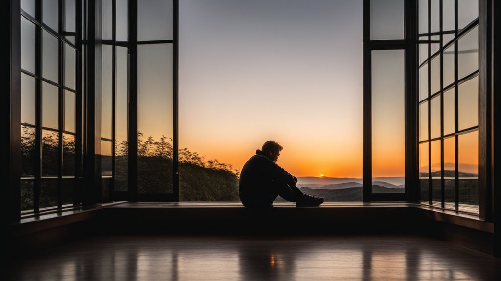 A person sitting alone by a window at sunset, contemplative mood