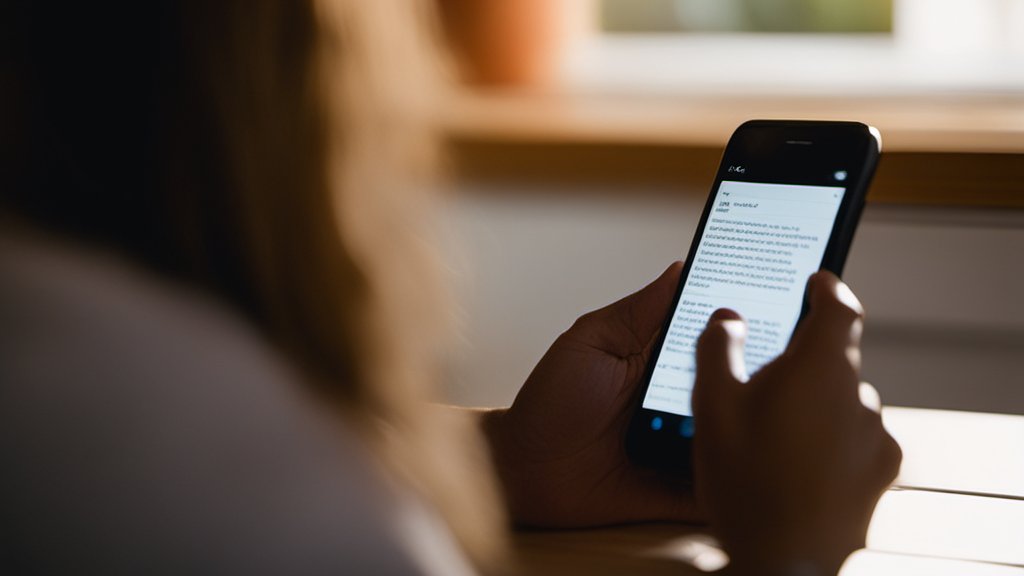 A person from behind typing a text message on a phone at a kitchen table, soft evening light, screen glow visible but content unreadable