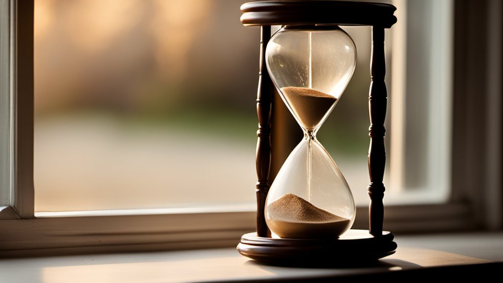 An hourglass on a windowsill with soft afternoon light, sand mid-fall, no people in frame