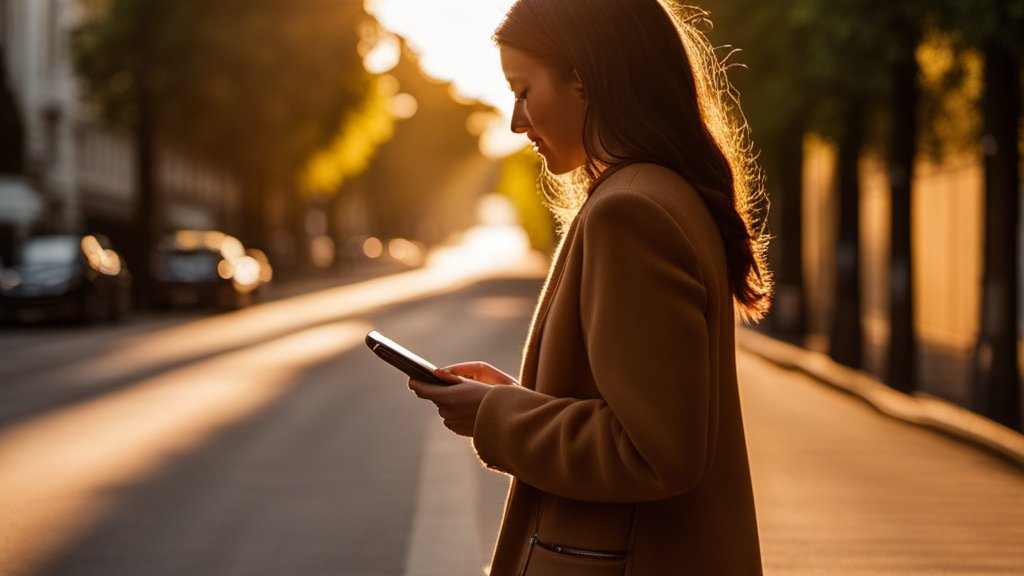 A person from behind sending a text on their phone while walking outdoors, tree-lined street, golden hour light