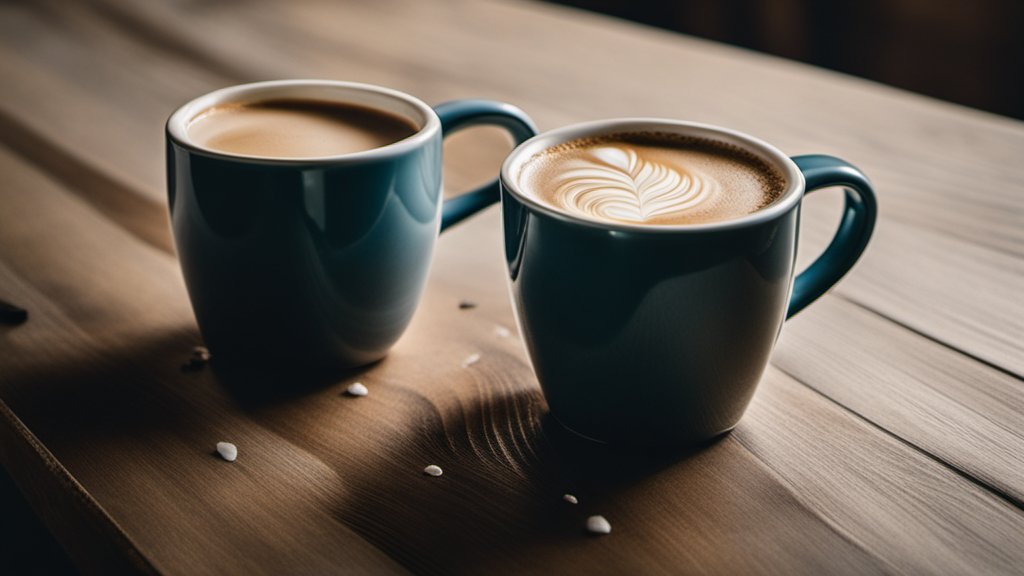 Two coffee mugs on a table, one tipped slightly with a small spill, a hand from the edge of frame beginning to wipe it up
