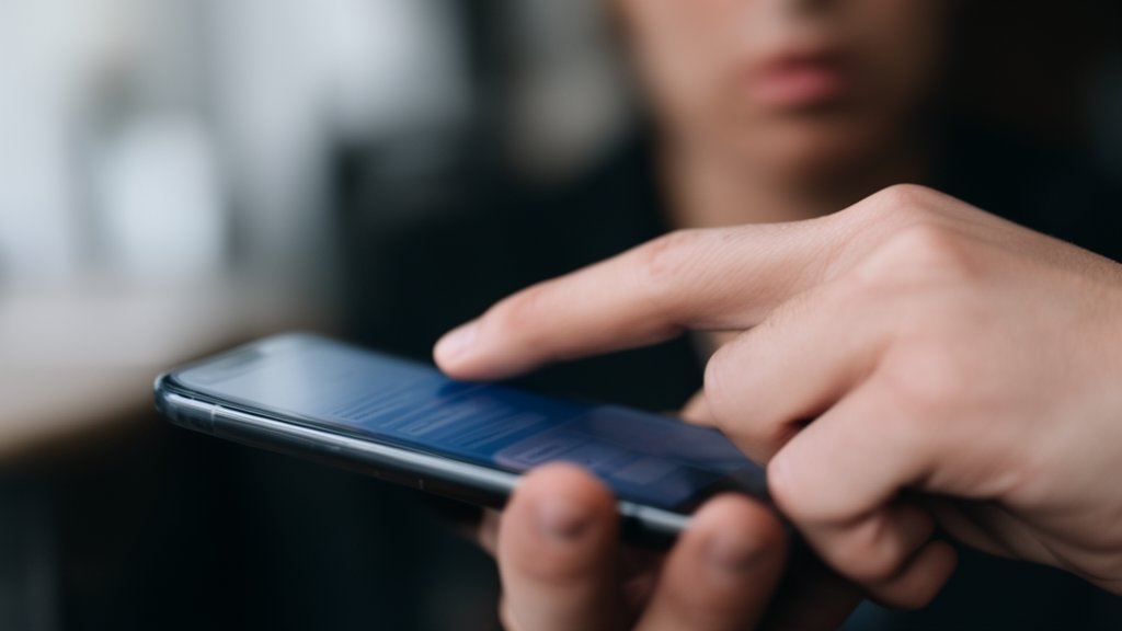 A hand hovering over a phone screen mid-text, close-up, blurred background, no face visible
