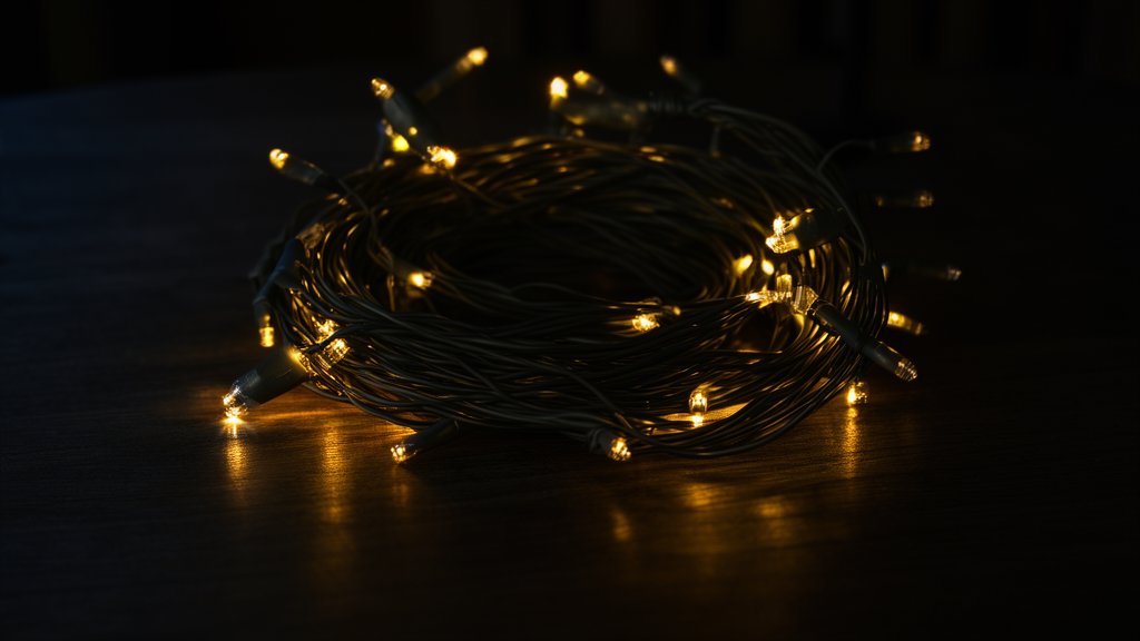 A tangled string of holiday lights on a dark table, one bulb lit dimly, rest unlit