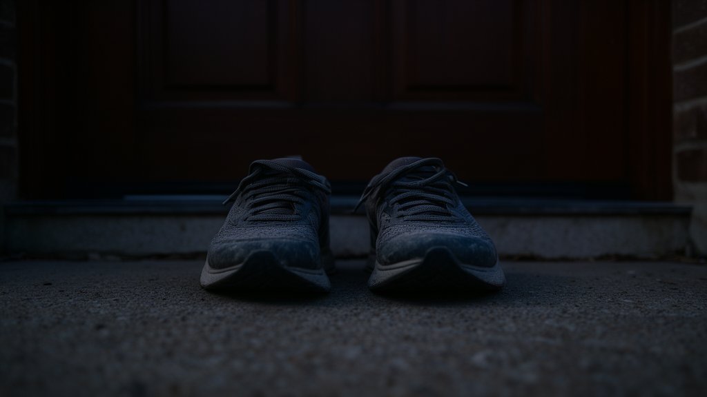 A pair of running shoes sitting untouched by a front door at dusk, slightly dusty, shot low and close with no person visible
