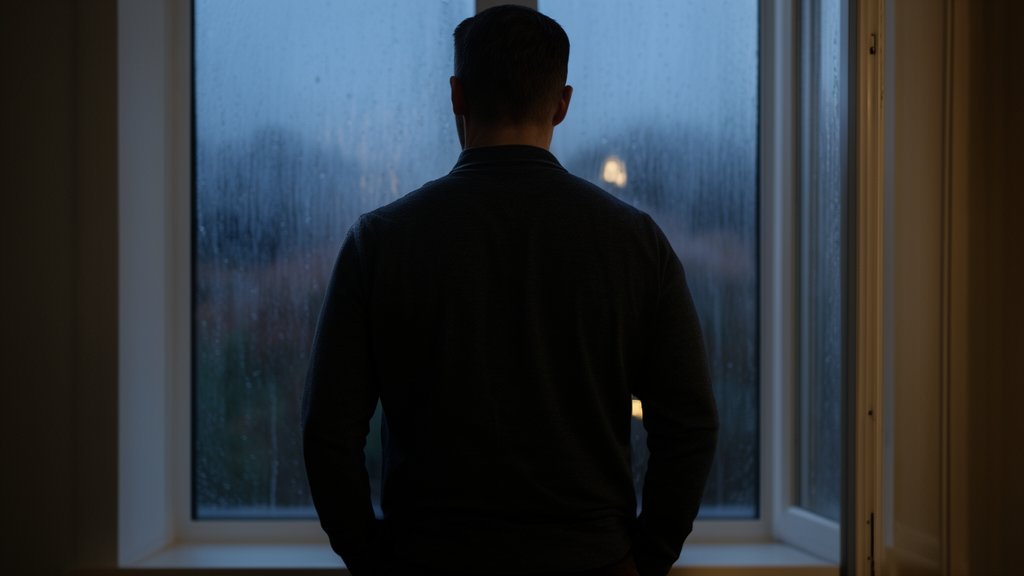 A man in his 30s seen from behind, standing at a rain-streaked window at dusk, hands in his pockets, soft interior light behind him