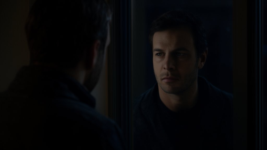 A man from behind glancing at his own reflection in a dark window at night, expression unreadable