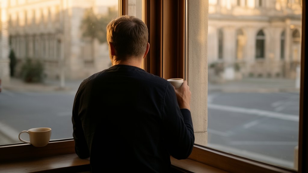 A man from behind at a window with morning light, coffee in hand, calm posture, looking out toward a street