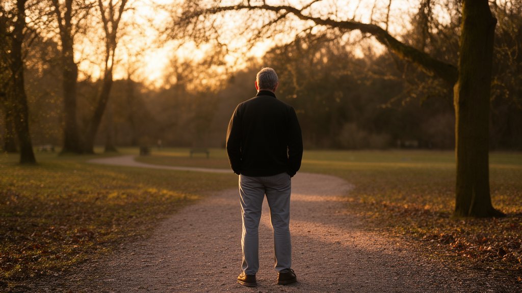 A man from behind standing at a fork in a quiet park path at golden hour, hands in pockets