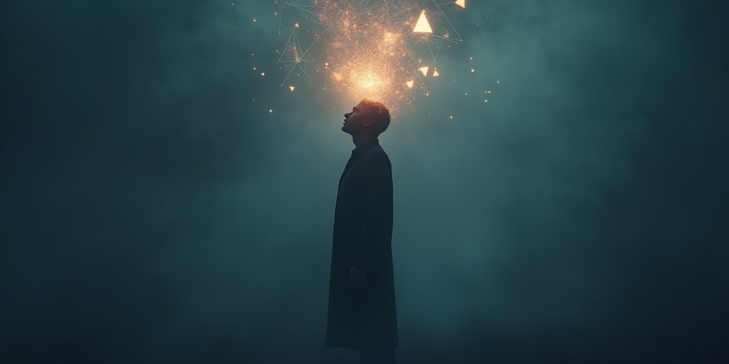A surreal, artistic representation of a human silhouette standing in a dark, misty void, with glowing, abstract geometric shapes floating around the head, symbolizing the mind processing complex emotions and stress during sleep.