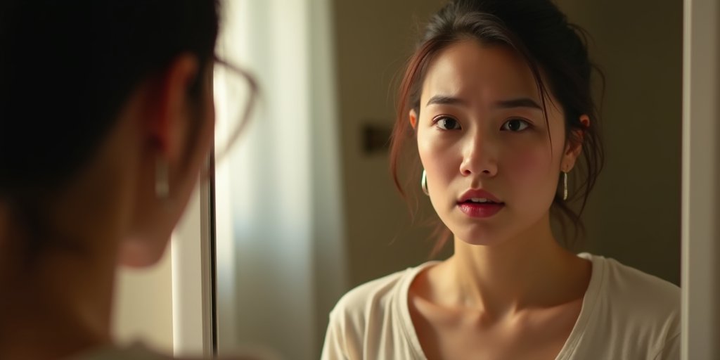 A close-up, high-contrast photograph of a person looking into a bathroom mirror in the early morning light, with a thoughtful and slightly concerned expression, capturing the moment of self-reflection and waking realization.