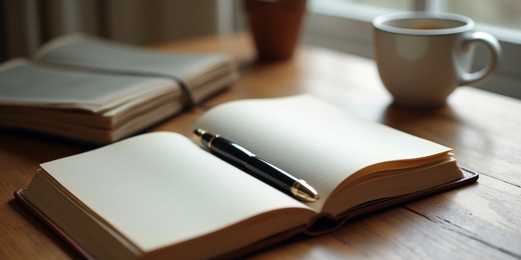 A clean, minimalist workspace featuring a leather-bound journal, a fountain pen, and a cup of steaming coffee on a wooden desk, suggesting a calm, intentional environment for morning reflection and cognitive reframing.