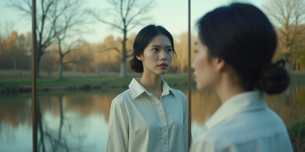A conceptual image of a mirror reflecting a calm, serene landscape instead of a face, symbolizing the shift from internal anxiety to external clarity and the resolution of subconscious fears.