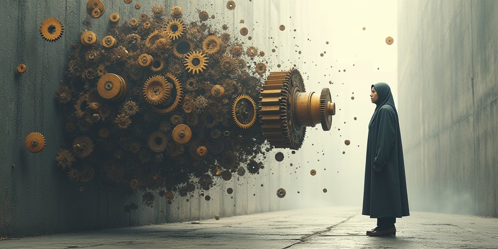 A conceptual illustration of a complex, interconnected machine where one small, distinct gear is being pushed away from the rest of the mechanism by invisible forces, symbolizing systemic exclusion.