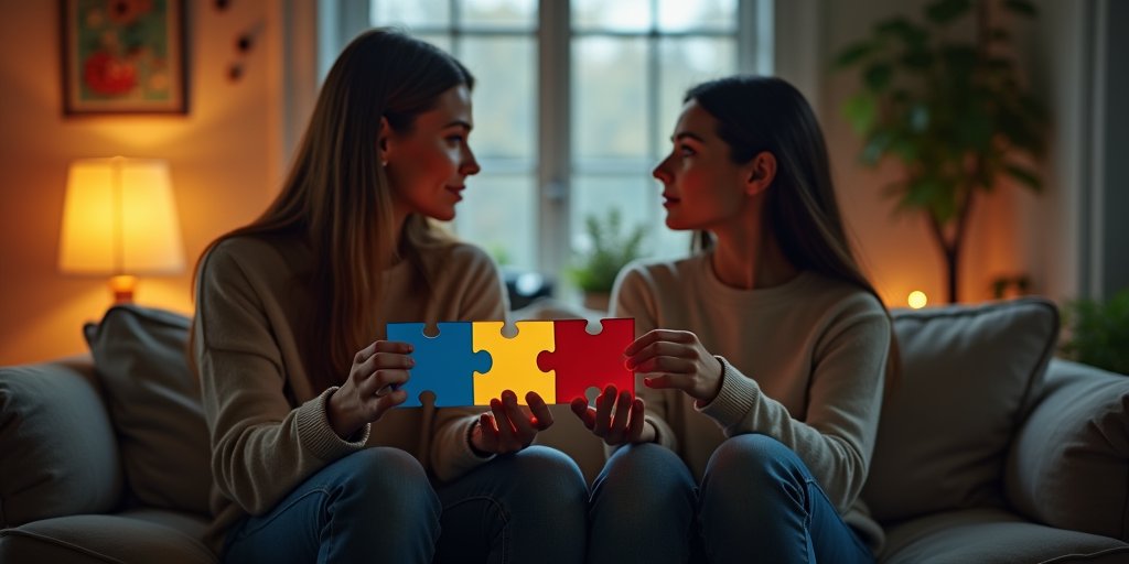 A conceptual shot of two people sitting on a couch, each holding a different colored puzzle piece that doesn't fit together, looking away from each other in a cozy, dimly lit living room, emphasizing the theme of unspoken assumptions.
