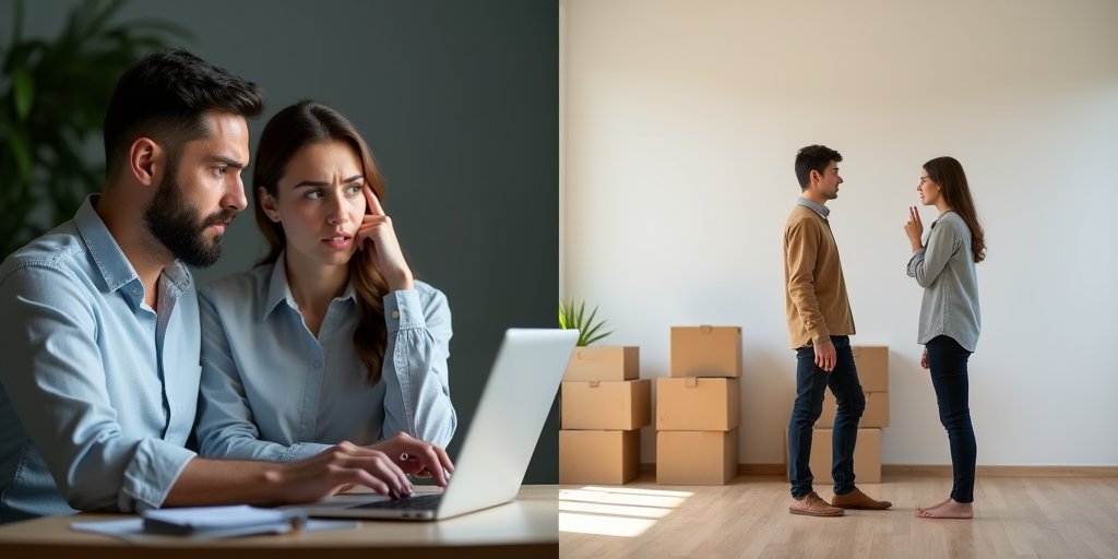 A split-screen style composition showing two different scenarios: on one side, a couple looking at a laptop screen with a worried expression while reviewing finances; on the other side, a couple standing in an empty room with moving boxes, looking in opposite directions, representing the tension of future planning.