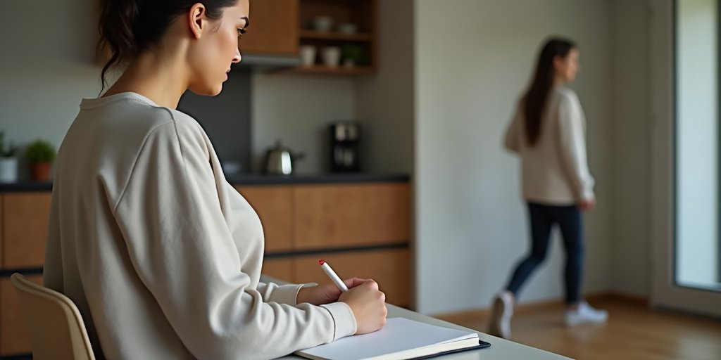 A close-up of a person sitting at a kitchen table with a notebook, looking thoughtful and hesitant, with a blurred background of a partner walking away, capturing the feeling of rehearsing a difficult conversation that never happens.