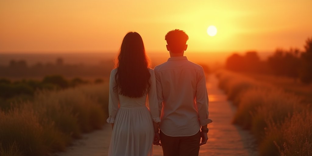A soft-focus, cinematic shot of a couple walking together on a path at sunset, looking ahead toward the horizon, symbolizing the ongoing journey of communication and the future of their relationship.