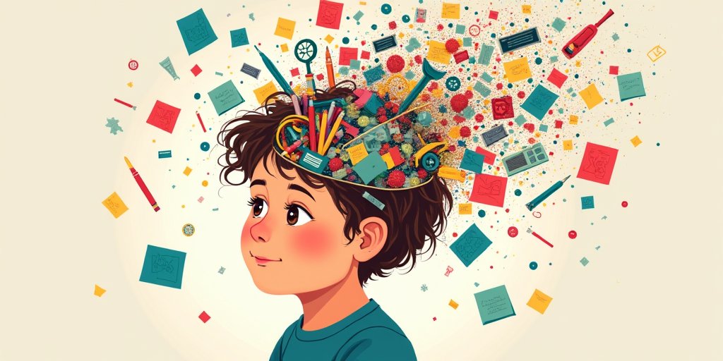A conceptual illustration of a child's brain as a cluttered, disorganized junk drawer filled with colorful, scattered memories like toys, school supplies, and scribbled notes, representing the difficulty of retrieving a single summary of a day.