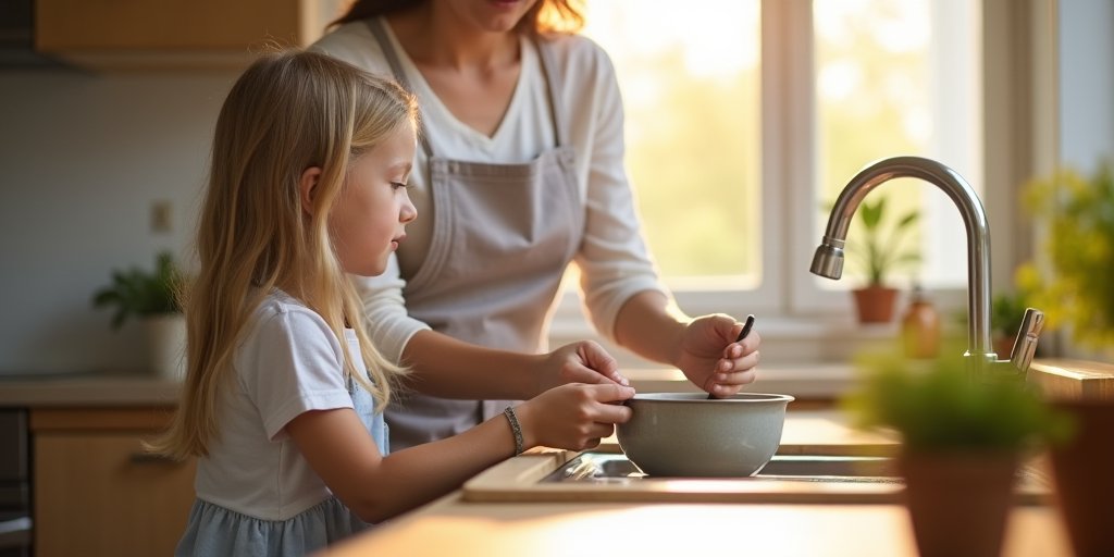 A close-up, soft-focus image of a parent and child doing dishes together in a sunlit kitchen, capturing a moment of natural, side-by-side interaction that fosters open communication.