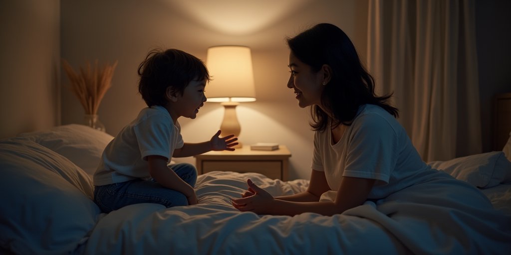 A heartwarming, cinematic shot of a parent sitting on the edge of a child's bed at night, listening intently as the child gestures excitedly while talking, capturing a moment of genuine, relaxed connection.