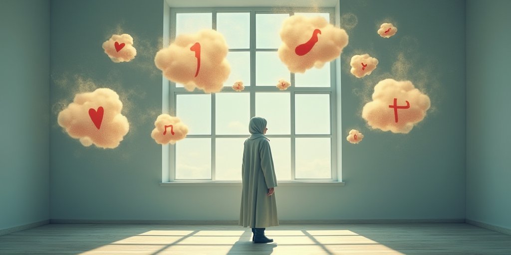 A conceptual image of a person standing in a room with multiple floating, semi-transparent thought bubbles containing symbols of past happy memories, but the bubbles are drifting away and becoming harder to see. The style is surreal and artistic, focusing on the theme of memory and emotional distance.