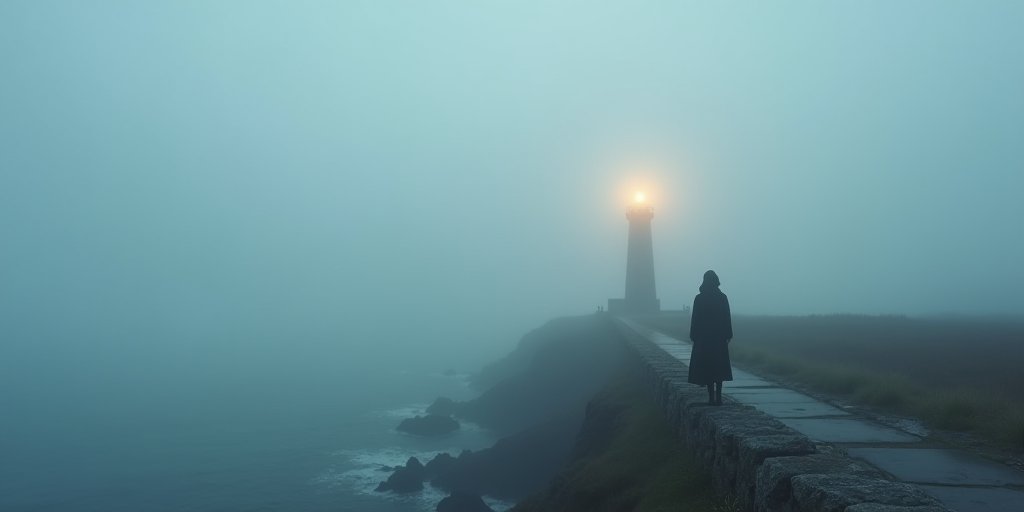 A wide shot of a lighthouse standing firm against a foggy, misty coastline. The light from the tower cuts through the thick fog, symbolizing stability and enduring presence even when the surroundings are obscured and difficult to see. The mood is hopeful, steady, and resilient.