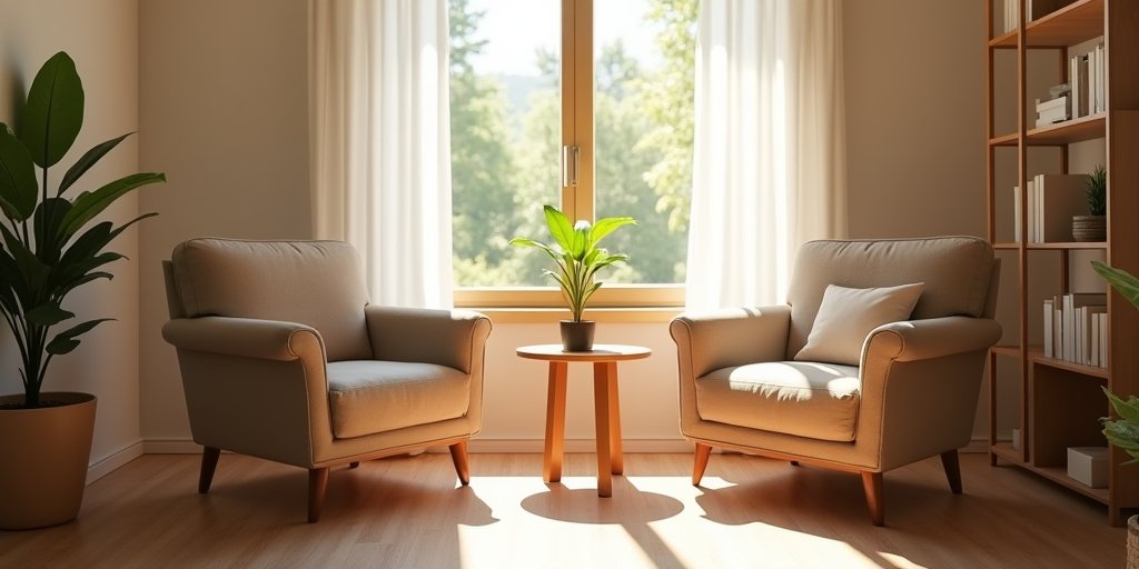 A warm, inviting interior shot of a modern, comfortable therapy office with two armchairs facing each other, soft sunlight streaming through a window, and a small plant on a side table, emphasizing a safe and professional space for healing.