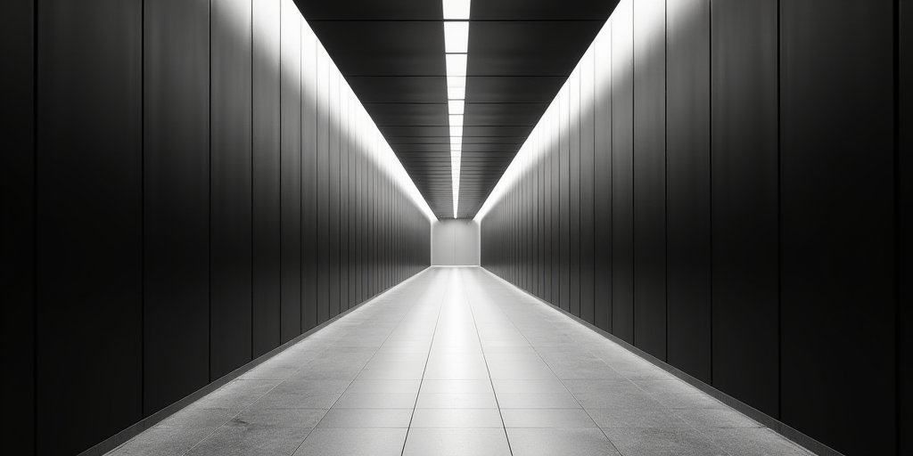 A high-contrast, minimalist black and white photograph of a long, symmetrical corridor with a single vanishing point in the center. The lines of the floor tiles and ceiling lights converge perfectly, creating a strong sense of depth and geometric precision.