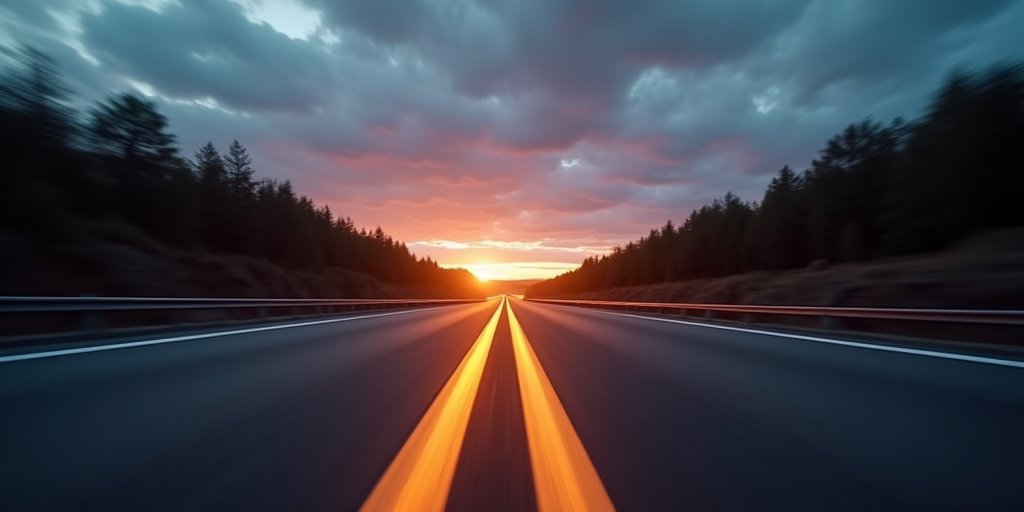 A cinematic shot from the driver's perspective on a highway at dusk. The lane markings are illuminated by headlights, creating glowing lines that converge toward a distant point on the horizon, emphasizing the feeling of speed and depth.