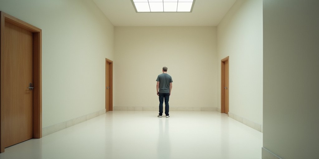 An abstract, artistic representation of the Ames room illusion, showing a distorted, trapezoidal room layout where a person appears to be a giant in one corner and a tiny figure in the other, highlighting the conflict between perspective and reality.
