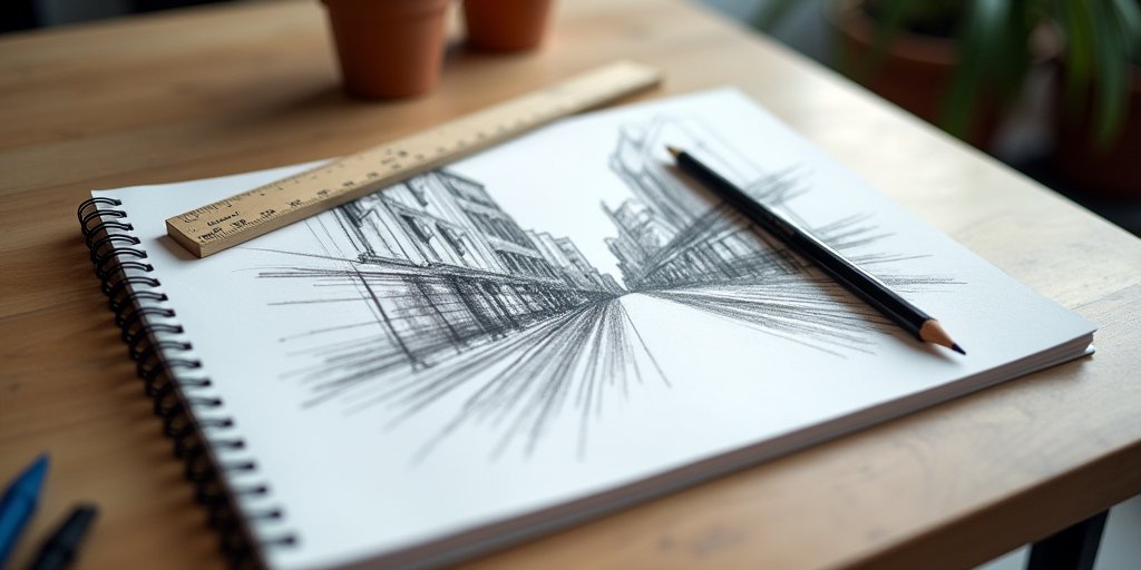A close-up, top-down view of an artist's desk with a sketchbook showing a pencil drawing of a city street using a clear, single-point perspective grid. A ruler and a pencil rest on the paper, suggesting the process of learning to see and draw depth.