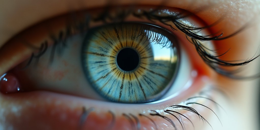 A surreal, conceptual image of a human eye looking through a camera lens, where the iris reflects a distorted, converging hallway, symbolizing the brain's role in interpreting and constructing our visual reality.
