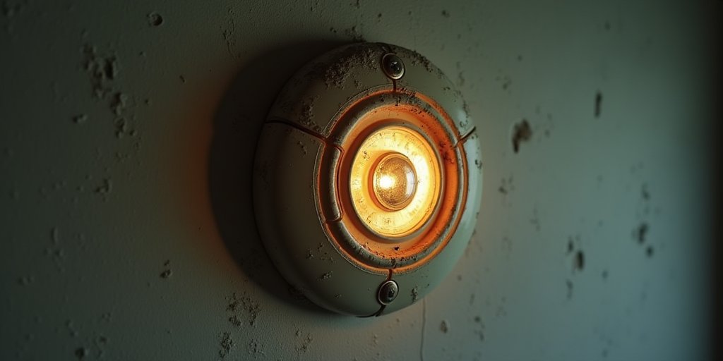 A conceptual illustration of a vintage, dusty smoke detector mounted on a wall, with a soft, warm light glowing from within, symbolizing a dormant but still active internal alarm system.