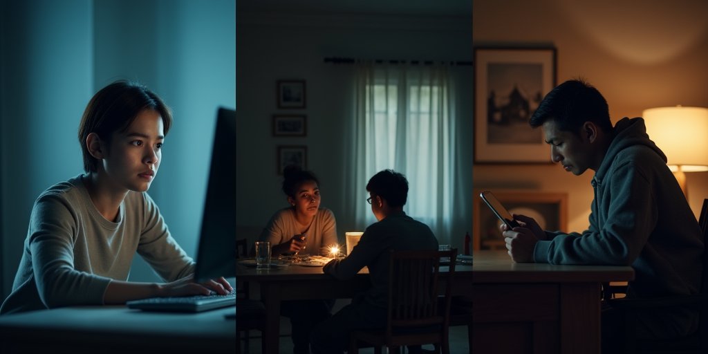 A split-screen composition showing three subtle, everyday scenes: a person looking at a computer screen with a weary expression, a couple sitting at a dinner table with a tense atmosphere, and a person staring at a smartphone in a dimly lit room, all conveying a sense of internal isolation.