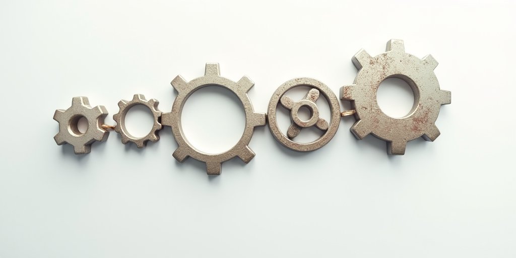 A minimalist graphic showing a series of interconnected gears, where one gear is stuck and rusted, representing a repetitive cycle of thought, set against a clean, modern background to emphasize clarity and identification.