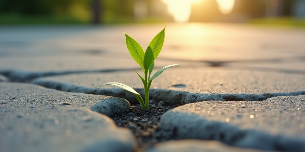 A photograph of a small, green sprout pushing through a crack in a concrete sidewalk, bathed in soft morning sunlight, symbolizing the slow, gradual process of growth and reclaiming agency.