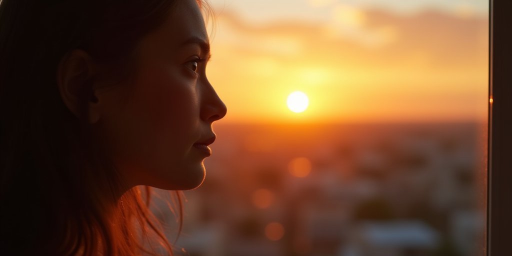 A close-up, artistic shot of a person looking out of a window at a sunrise, with their reflection visible in the glass, suggesting a shift in perspective and the beginning of a new, clearer understanding of oneself.