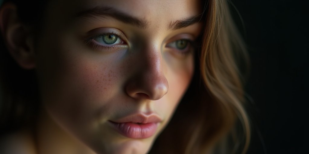 A high-quality, artistic close-up of a person's eyes and face, capturing a subtle, thoughtful expression. The image conveys the act of deep listening and observation, with soft, natural light illuminating the subject's face against a dark, out-of-focus background.
