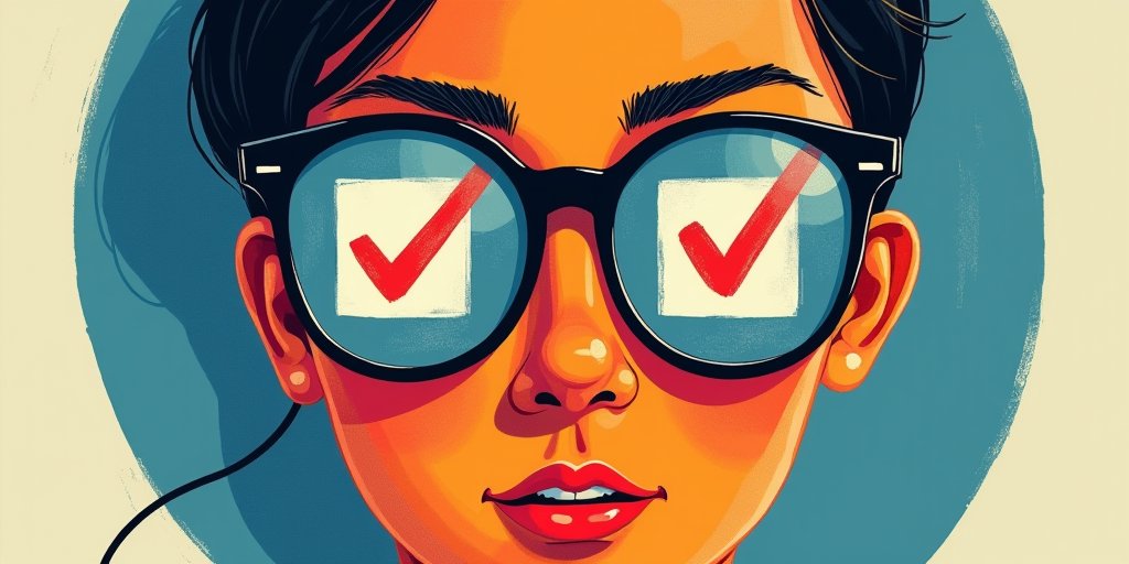 An abstract illustration showing a person wearing a pair of glasses with lenses shaped like checkboxes. Through the lenses, the world looks flat and monochromatic, while outside the frames, the world is vibrant, colorful, and full of depth. This represents how a checklist filters out the nuance and complexity of real human interaction.