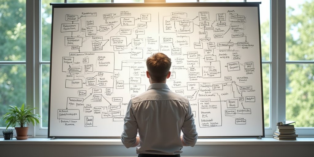 A person standing in front of a large, cluttered whiteboard filled with complex, handwritten criteria and flowcharts. The person looks overwhelmed and tired, holding a marker, while a bright, open window behind them shows a beautiful, natural landscape, suggesting the freedom of letting go of the rigid structure.