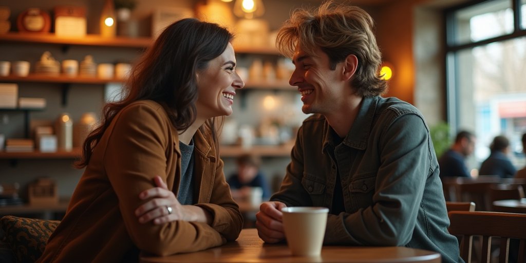 A warm, candid photograph of two people sitting in a cozy coffee shop, leaning in toward each other, deeply engaged in conversation. They are laughing, and the focus is on their eye contact and genuine connection, with the background softly blurred to emphasize the intimacy of the moment.