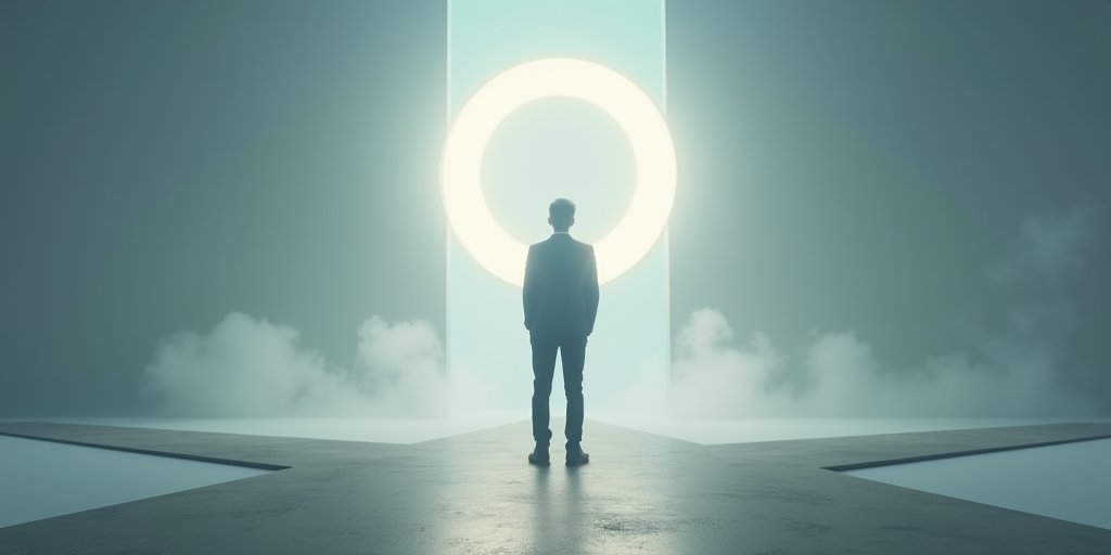 A conceptual image of a person standing at a crossroads in a modern, clean environment, with a subtle, glowing 'pause' symbol floating in the air in front of them, representing the gap between impulse and action.