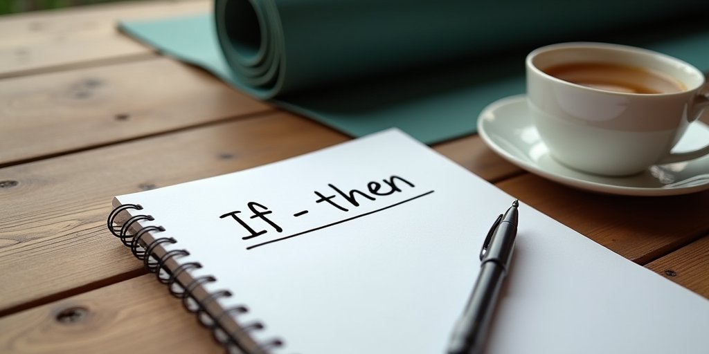A flat-lay photograph of a notebook on a wooden table with a pen, showing a handwritten 'if-then' plan, surrounded by a cup of tea and a yoga mat rolled up in the background, suggesting the integration of practice and daily life.