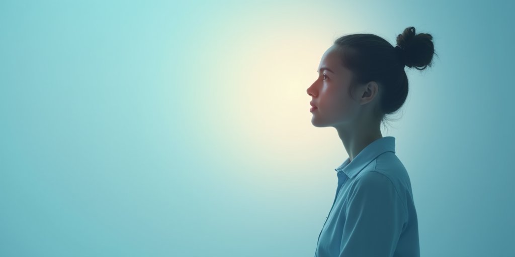 A minimalist, calming graphic showing a person taking a deep, mindful breath. The visual focuses on the concept of a 'pause point' between a stressful trigger and a reaction, using soft blue and warm light tones to convey self-awareness and emotional regulation.