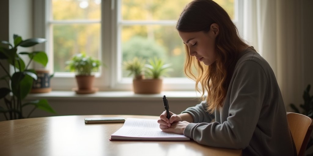 A person sitting at a desk, calmly writing in a journal or notebook, representing the act of cognitive reframing and self-reflection. The setting is a quiet, sunlit room, emphasizing clarity and the process of separating emotions from external events.