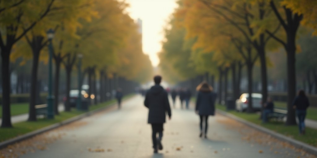 A wide-angle, peaceful shot of a person walking away from a busy, blurred city street into a quiet park. The image represents letting go of the need to internalize others' negativity, with a focus on personal peace and emotional distance.