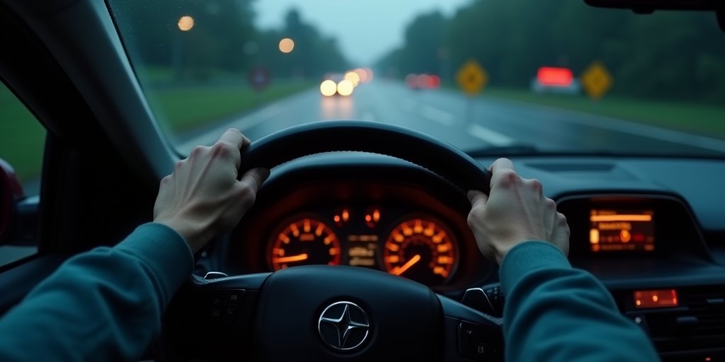 A conceptual, high-angle shot of a car steering wheel on a dark, rainy road at night. The dashboard lights are dim, and the focus is on the driver's hands gripping the wheel, suggesting a sense of constant, tiring correction and misalignment.
