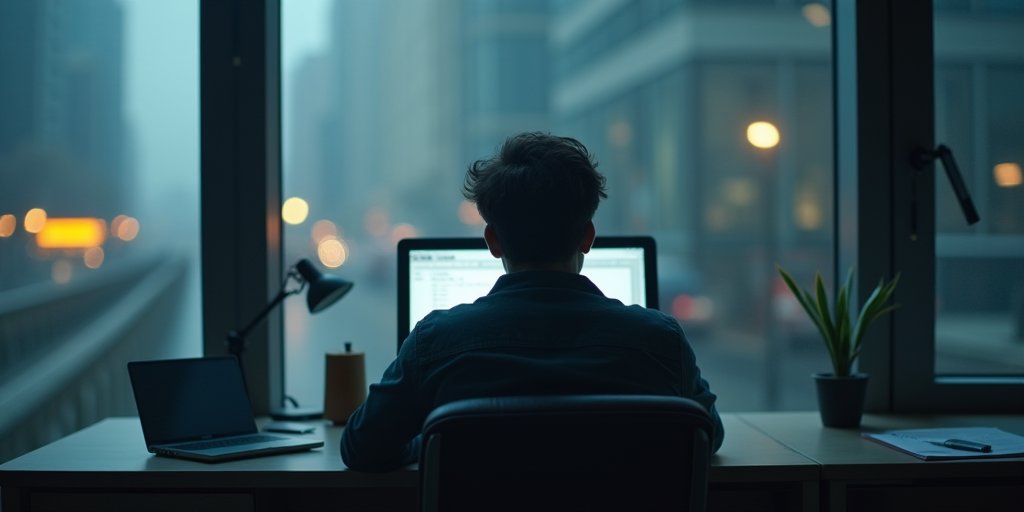 A split-screen composition showing a person sitting at a desk in a modern, sterile office looking at a computer screen, contrasted with a close-up of a person staring blankly out of a window during a commute, capturing a mood of quiet, persistent numbness.