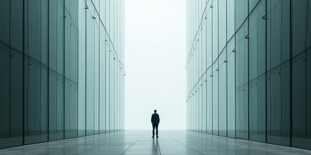 A minimalist, artistic representation of a person standing in a vast, modern urban landscape of glass and steel. The person is small in the frame, emphasizing the feeling of being trapped by structural, societal pressures rather than individual choices.